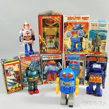 Eight Vintage and Modern Robot Toys in Original Boxes