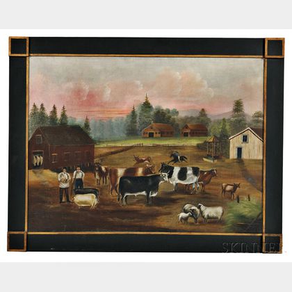 American School, 19th Century Farmyard Scene with Livestock and Barn