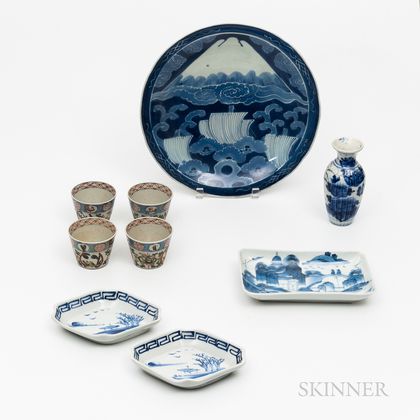 Nine Japanese Blue and White Porcelain Items