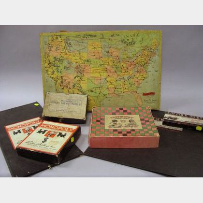 Parker Bros. Limited Mail Game Board, a Monopoly Game, a Suffolk Downs Scientific Horse Racing Game, and a Tootsietoy Furniture Box, to