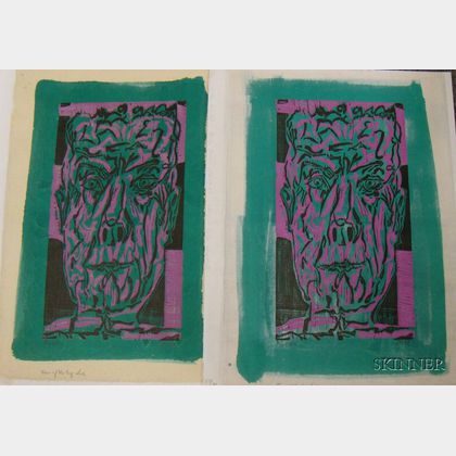 Two Unframed Woodcuts on Paper of a Teal and Purple Head by K. Zerbe