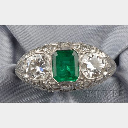 Art Deco Platinum, Emerald, and Diamond Three-Stone Ring