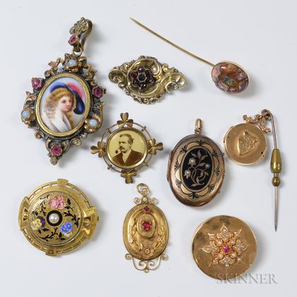 Group of Antique Brooches, Stickpins, and a Portrait Pendant