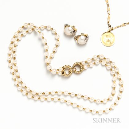 Double-strand Pearl and Gold Bead Necklace, Pair of 18kt Gold, Diamond, and Mabe Pearl Earrings, and an 18kt Gold Necklace with Cancer 