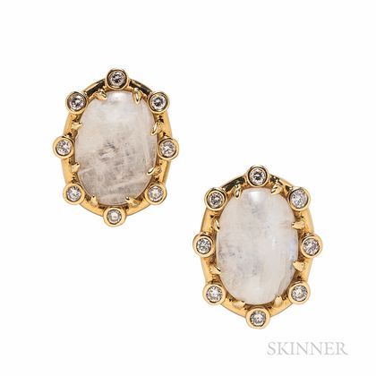 Tony Duquette 18kt Gold, Moonstone, and Diamond Earclips