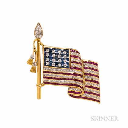 18kt Gold, Ruby, Sapphire, and Diamond American Flag Brooch