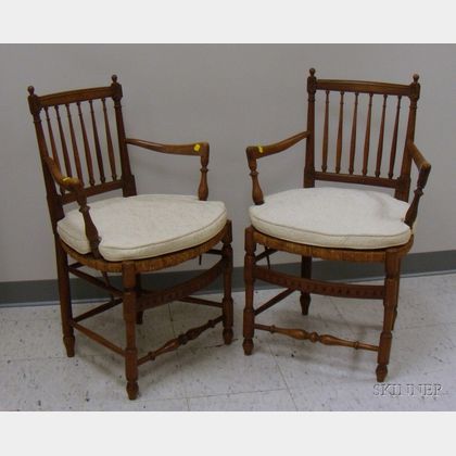 Pair of French Carved Walnut Armchairs with Woven Rush Seats. 