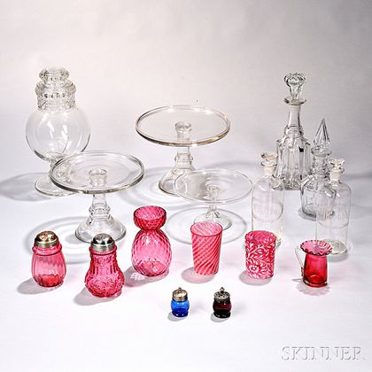Sixteen Colorless and Cranberry Glass Items