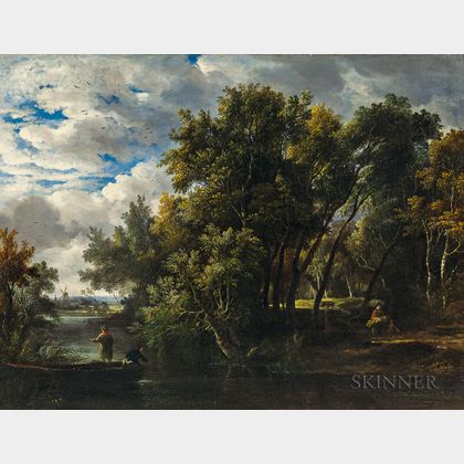 Attributed to Edward Williams (British, 1782-1855) Wooded Landscape with Figures by a Stream