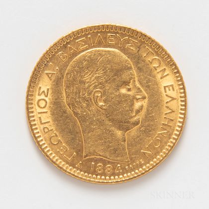 1884 Greek 20 Drachmai Gold Coin. Estimate $300-500