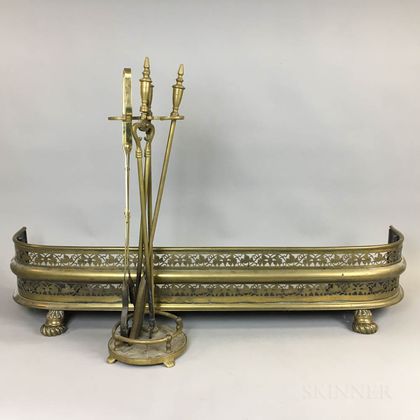 Set of Brass Fireplace Tools, Stand, and Firescreen. Estimate $200-300