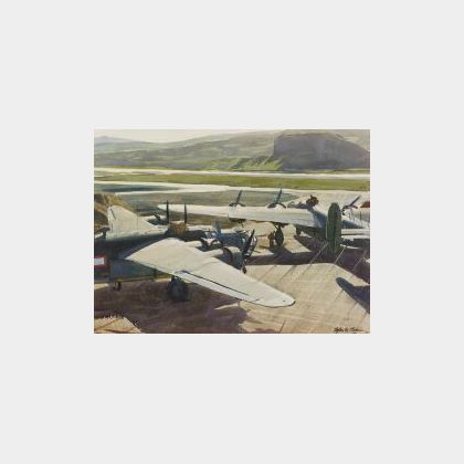 Ogden Minton Pleissner (American, 1905-1983) The Bomber Revetments at Adak