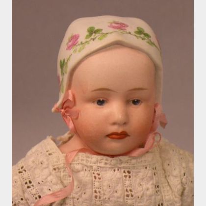 Heubach Bisque Shoulder Head Girl with Molded Bonnet