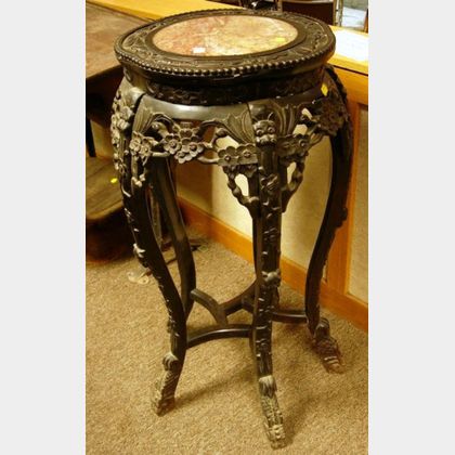 Chinese Marble-inset Carved Hardwood Stand. 