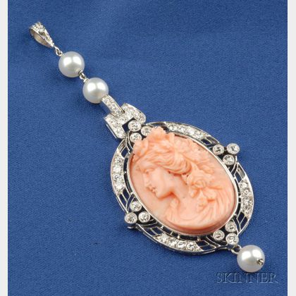 Art Deco Platinum, Coral Cameo, Cultured Pearl, and Diamond Pendant