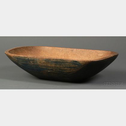 Blue-painted Oblong Carved Wooden Bowl