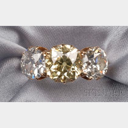 Antique Colored Diamond and Diamond Three-Stone Ring