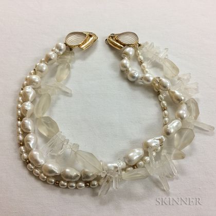 Rock Crystal and Pearl Triple-strand Necklace