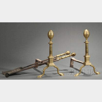 Pair of Brass and Iron Lemon-top Andirons and Two Tools