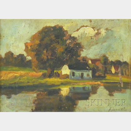Framed 20th Century American School Oil on Artist Board View with House at Dusk