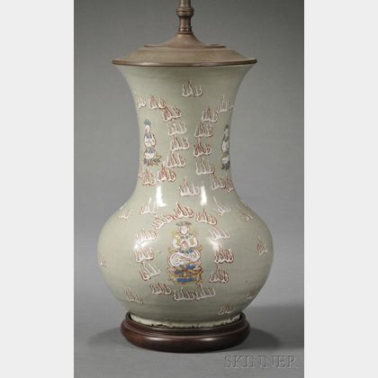 Asian Celadon-glazed Earthenware Vase Lamp Base