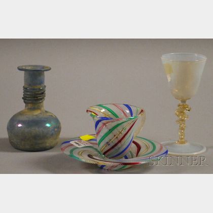 Venetian Blown Glass Wine Stem and Cup and Saucer, and a Roman-style Iridescent Blown Glass Bottle. 