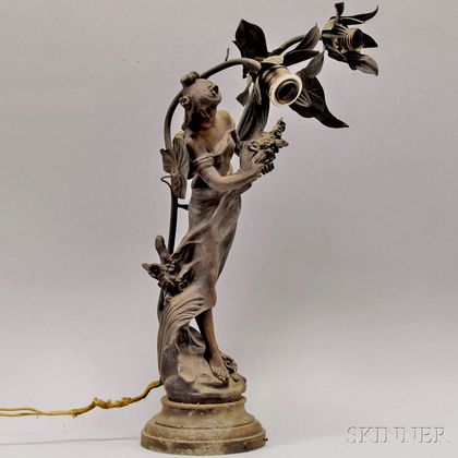 Art Nouveau Patinated Cast Metal Figural Reine de Pres Table Lamp