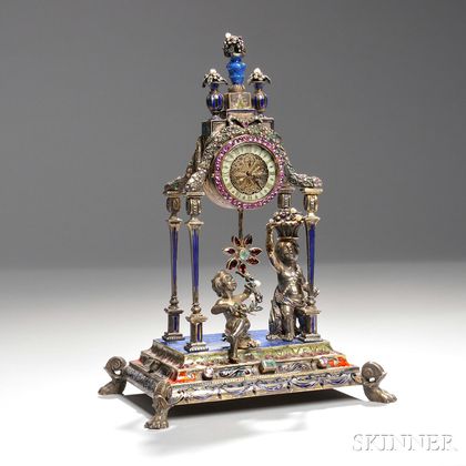 Viennese Silver, Enamel, Lapis Lazuli, Beaded Pearl, and Jeweled Clock