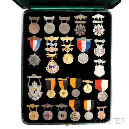 Group of Late 19th Century Mostly Enameled Gold, Silver, and Copper Sporting Medals
