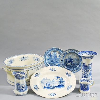 Seven Staffordshire Blue Transfer-decorated Items