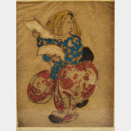 Framed Elyse Ashe Lord (British, 1900-1971) Fan Dancer Etching and a Carved Cat