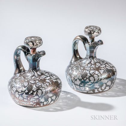 Pair of Alvin Silver Overlay Colorless Glass Decanters