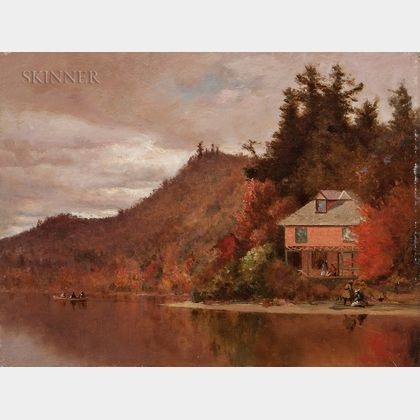 Jervis McEntee (American, 1828-1891) An October Day /The Maurice Cottage at Lake Bisby in the Adirondacks, 1888