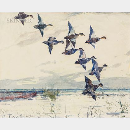 Frank Weston Benson (American, 1862-1951) Ducks in Flight at Dusk