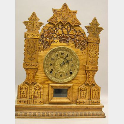 Wm. Gilbert Co. &#34;Champion N&#34; Pressed Oak Mantel Clock