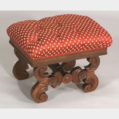 Classical Mahogany Carved and Mahogany Veneer Upholstered Footstool