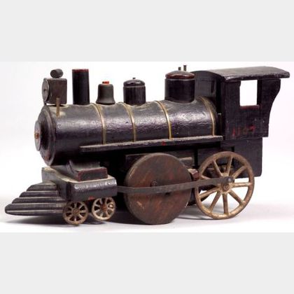 Carved and Painted Wood and Cast Iron Locomotive