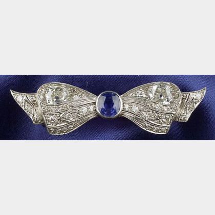Art Deco Platinum, Sapphire, and Diamond Bow Brooch