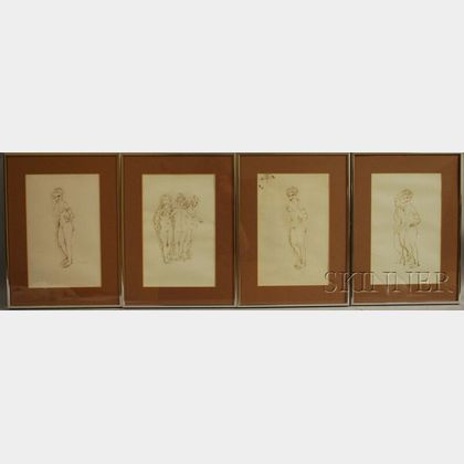 Continental School, 20th Century Four Framed Ink Drawings of Standing Nudes.