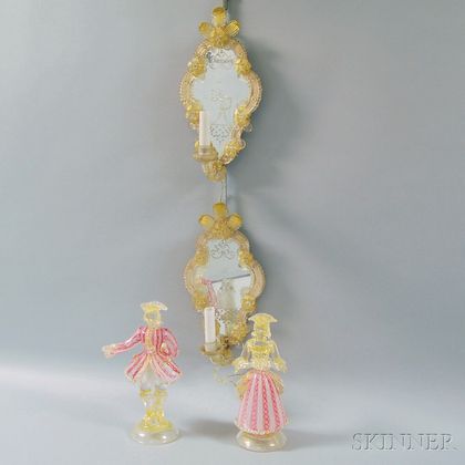 Pair of Venetian Glass Figures and Single Light Mirrored Wall Sconces