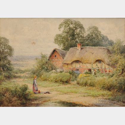 British School, 19th/20th Century Three Watercolors of Village Scenes Albert Caussin, Donkey Cart by Row Houses