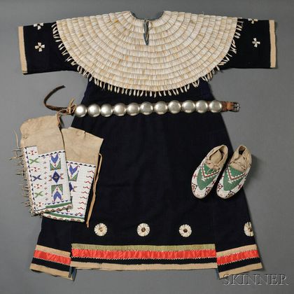 Lakota Dentalium Dress, Beaded Moccasins, Beaded Leggings, and German Silver Concha Belt