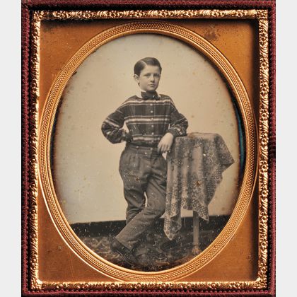 Two Daguerreotypes: Boston School, 19th Century, Sixth-plate Daguerreotype of a Boy Leaning on a Table