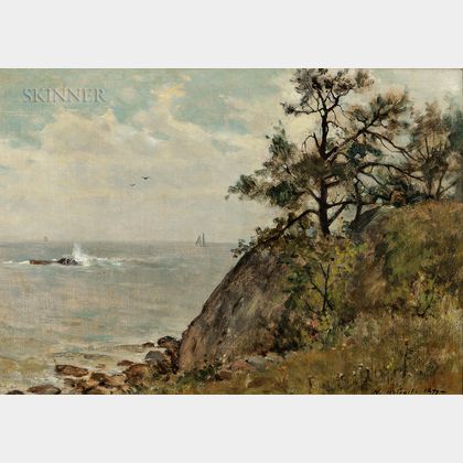 Willard Leroy Metcalf (American, 1858-1925) Coastal Cliff with Distant Sailboats, Probably Manchester, Massachusetts
