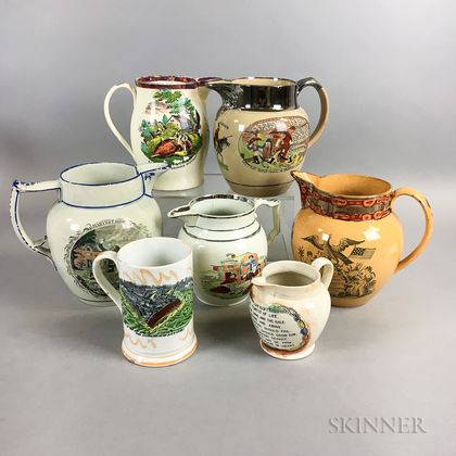 Seven Transfer-decorated Ceramic Jugs and Mugs with Lustre Accents