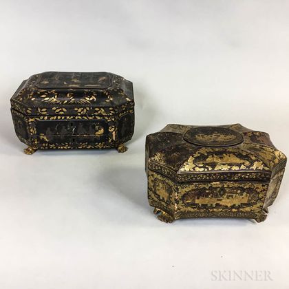 Chinese Export Lacquered Octagonal Tea Caddy and Sewing Box