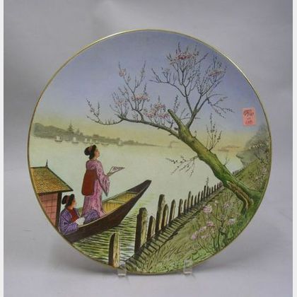 Villeroy & Boch/Mettlach Transfer and Hand-painted Japanese Scenic Decorated Ceramic Plaque