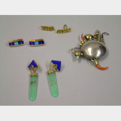 Three Pairs of Modern Santa Fe Artist-Designed 14kt Gold Earrings and a Modern Artist-Designed Silver, Gold and Gem-set Brooch, 