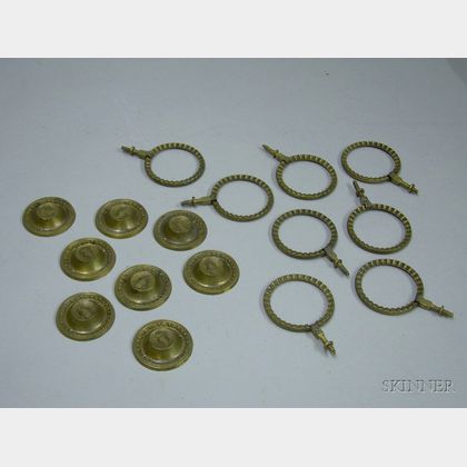 Set of Eight Federal Brass Ring Drawer Pulls and a Set of Eight Pressed Brass Furniture Mounts with Central Grapes Decoration. 