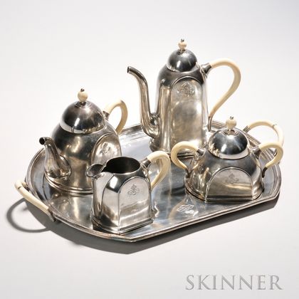 Five-piece Persian-style Silver-plate Tea and Coffee Service, early 20th century, bearing unknown hallmarks, each with an engraved mono